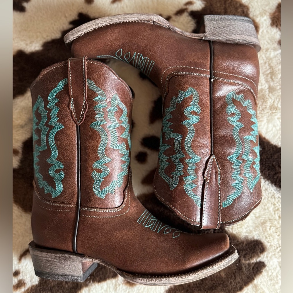 Girls Brown Leather Cowboy Boots with Turquoise Embroidery